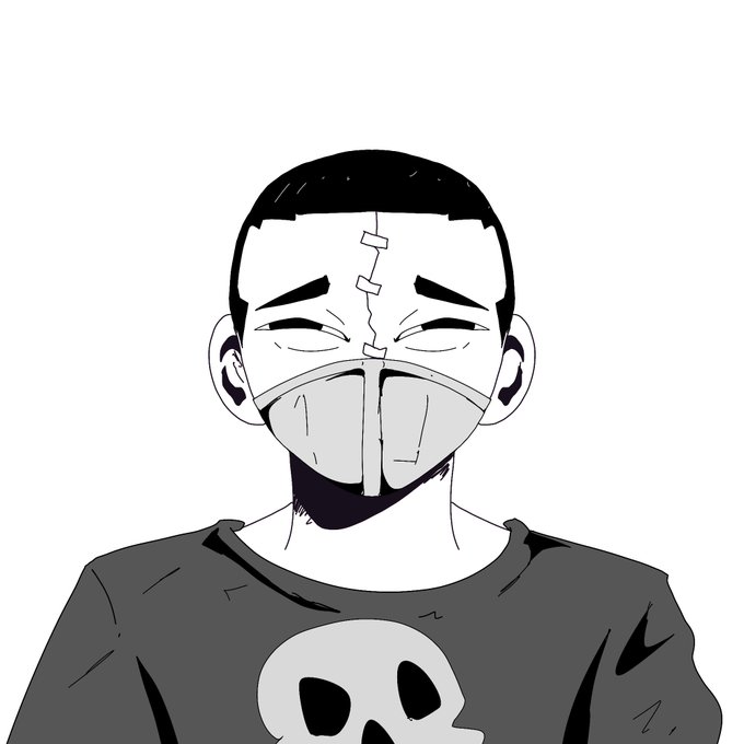 A black and white anime-style illustration of a young man with short dark hair wearing a face mask, with his eyes closed in an emotional expression, and wearing a dark t-shirt with a skull design.
