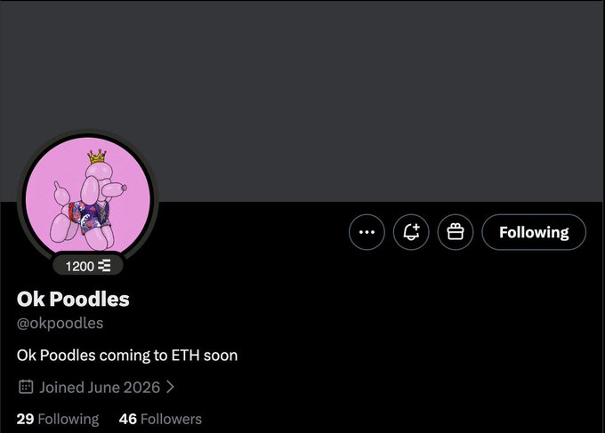 The image shows a Twitter/X profile page for "Ok Poodles" (@okpoodles) with 46 followers and a bio reading "Ok Poodles coming to ETH soon," joined June 2026, featuring a pink cartoon poodle avatar wearing a crown—directly illustrating the post's announcement of this upcoming ETH project by founder @endrythi of @okdegen.