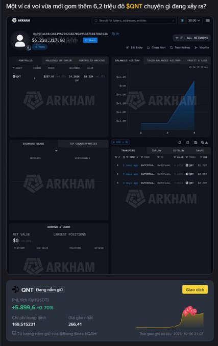 A dark-themed crypto portfolio dashboard (Arkham) shows a wallet holding $6,220,317.68, with Vietnamese text at the top and QNT token highlighted at the bottom.