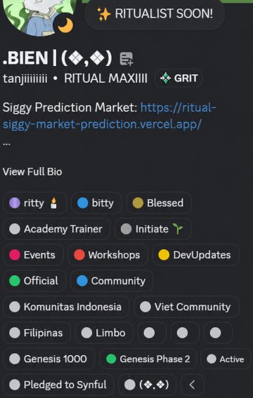 A Discord profile preview for user 'tanjiiiiiii' with the display name '.BIEN | (◇,◇)' showing tags like 'RITUALIST SOON!', 'Ritual MAXIII', 'GRIT', and various role badges.