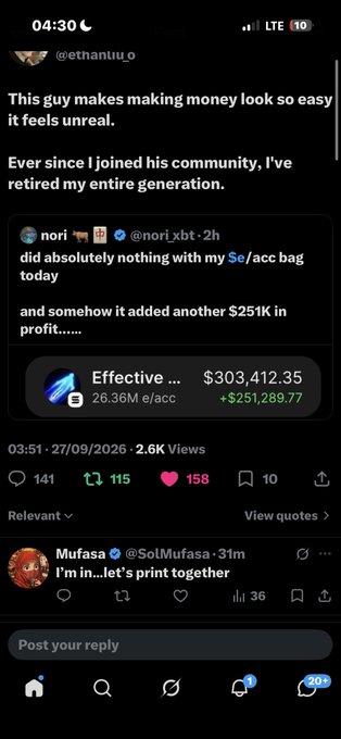 A screenshot of an X post claims financial success, showing text like 'This guy makes making money look so easy' and an account value of '$303,412.35' with a profit of '+$251,289.77'.