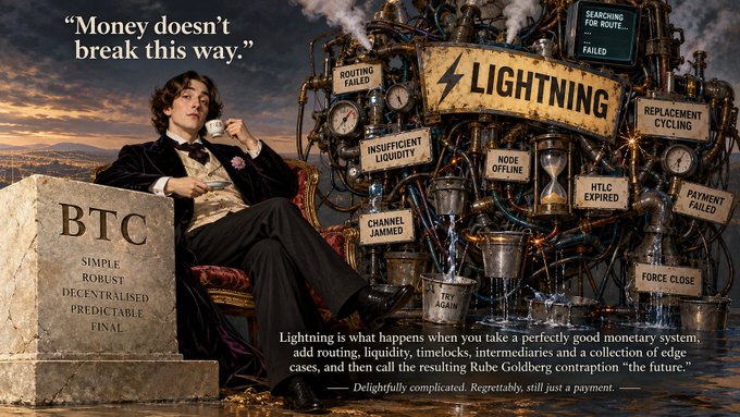 A dapper gentleman sipping tea sits beside a stone labeled "BTC - SIMPLE, ROBUST, DECENTRALISED, PREDICTABLE, FINAL" while a chaotic Rube Goldberg machine labeled "LIGHTNING" spews errors like "ROUTING FAILED," "INSUFFICIENT LIQUIDITY," "HTLC EXPIRED," and "FORCE CLOSE," with the quote "Money doesn't break this way." The caption reads "Lightning is what happens when you take a perfectly good monetary system, add routing, liquidity, timelocks, intermediaries and a collection of edge cases, and then call the resulting Rube Goldberg contraption 'the future.' — Delightfully complicated. Regrettably, still just a payment."

The image satirizes the Lightning Network by contrasting Bitcoin's elegant simplicity with Lightning's convoluted, failure-prone complexity, visually mocking the joke that turns a basic payment into an over-engineered mess.