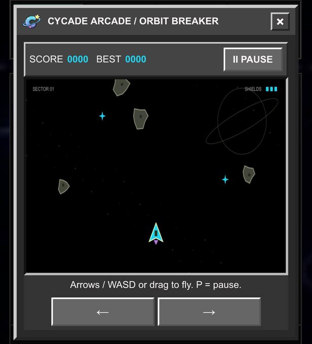 A screenshot of the arcade game 'CYCADE ARCADE / ORBIT BREAKER' showing a paused state with a score of 0000 in Sector 01, featuring a spaceship and asteroids.