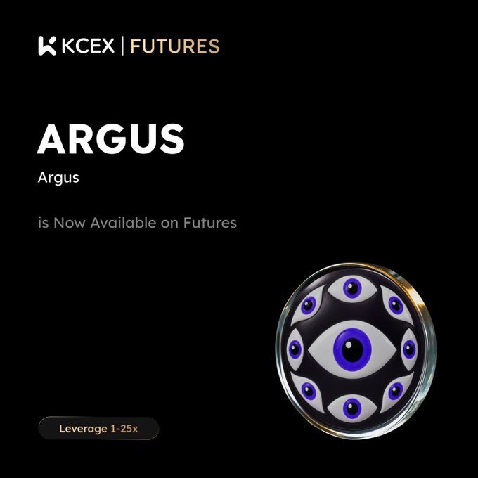 KCEX Futures promotional graphic announcing 'ARGUS is Now Available on Futures' with 'Leverage 1-25x', featuring a circular 3D emblem with an eye design surrounded by smaller eyes.