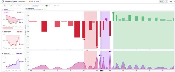 A GammaFlip.io dashboard for BTC-USD showing a 3.05% drop to $58,728, with a Flip Point at 59.4K and GEX Magnet levels at 59K and 60K highlighted on the chart alongside negative hedging pressure (-$2.0M) and rising open interest (356.8M).