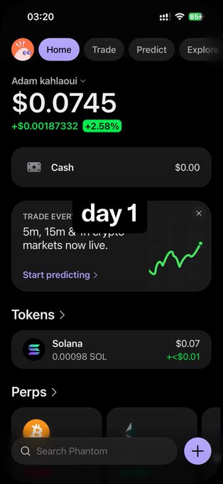 A screenshot of a cryptocurrency wallet app showing a balance of '$0.0745' with a +2.58% gain, featuring tabs for Home, Trade, Predict, and Explore, with text overlaid reading 'day 1'.