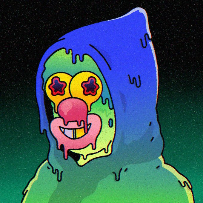 A cartoon figure with a melting, multicolored face—featuring starry yellow eyes, a pink nose, and a toothy grin—drips down its blue hooded head, visually capturing the "melted" aesthetic referenced in the post as a lucky charm for $HOODIE.
