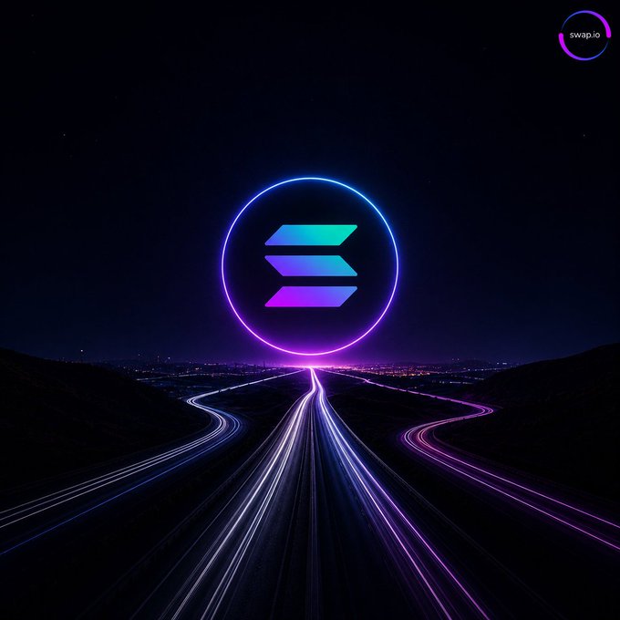 A neon Solana ($SOL) logo glows in a purple-blue ring at the horizon, with light trails from converging highways flowing toward it beneath a starry night sky—visually reinforcing the caption "All Roads Lead to $SOL." The "swap.io" watermark appears in the top right corner.