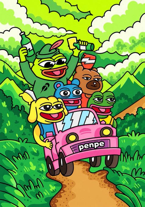 A vibrant cartoon illustration of colorful animal characters riding in a pink car labeled "penpe" through a lush green landscape.