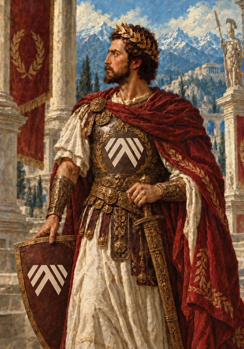 A classical-style digital painting depicting a bearded emperor wearing a golden laurel crown and red cape, holding a shield displaying a stylized logo with two upward chevrons.