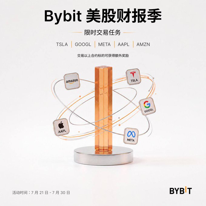 The image is a promotional graphic for Bybit's "美股财报季" (U.S. Stock Earnings Season) limited-time trading event, featuring a glowing orange pillar with orbiting logos for TSLA, GOOGL, META, AAPL, and AMZN. The campaign runs from July 21 to July 30, as noted in the bottom-left corner, inviting users to trade these stock contract tickers for additional rewards. The Bybit logo appears in the bottom-right, tying the visual to the accompanying post about Wall Street earnings season trading opportunities.