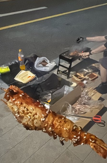 A street food scene showing a person grilling skewers at a roadside stall, with a sesame-coated fried item in the foreground and a green pigeon nearby.