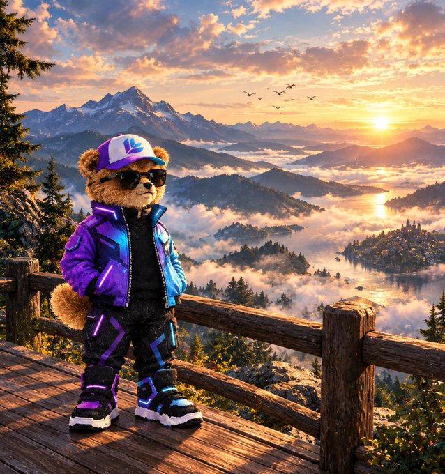 A digital artwork of an anthropomorphic teddy bear dressed in a purple and blue futuristic outfit with sunglasses and a cap, standing on a wooden deck overlooking a stunning mountain landscape at sunset.