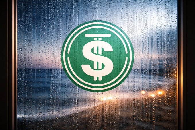A green USDD token logo with a dollar sign emblem is displayed on a rain-streaked window, with warm blurred lights glowing in the background, visually reinforcing the post's message about securing USDD digital assets offline using Ledger hardware wallet protection.