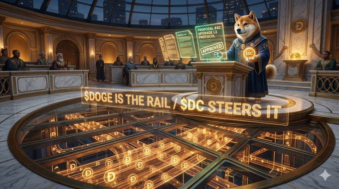 The image features a cartoon scene with a Shiba Inu dog standing at a podium, giving a speech or lecture. The setting appears to be an indoor room with a circular glass floor that reflects light from above. A sign reading "Sdogge is the rail 4DC steers it" is displayed on this reflective surface. The image also includes text about the Dogecoin narrative and its relationship to the Ecosystem DAO Fund, which is not directly visible in the image but can be inferred based on the context provided by the post.