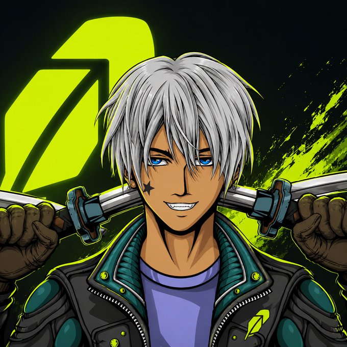 An anime-style character with white hair and blue eyes holds two swords over his shoulders, set against a black background featuring a glowing green stylized "G" or chain-link logo with paint splatter accents. The edgy, rebellious aesthetic of the illustration complements the post's NFT minting announcement and "Night Society" community call on Robinhood.