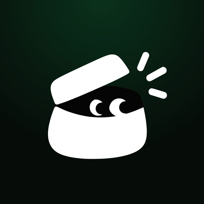 Minimalist logo/icon design featuring a white open container or bag with two small eyes peeking out from inside, set against a dark green gradient background.