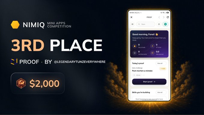 A promotional banner for the NIMIQ Mini Apps Competition showing '3RD PLACE' awarded to 'PROOF' by @legendarytunzverywhere, with a $2,000 prize and a phone mockup displaying the app's interface.