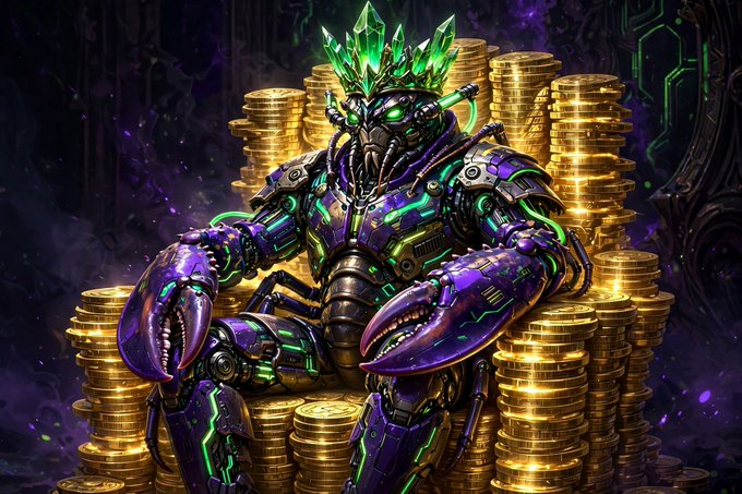 A digital artwork of a purple and green mech suit with crab-like claws sitting on a throne made of stacks of gold coins.