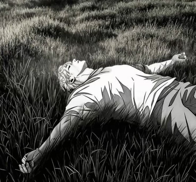 A black-and-white manga-style illustration showing a person lying on their back with arms outstretched in tall grass.