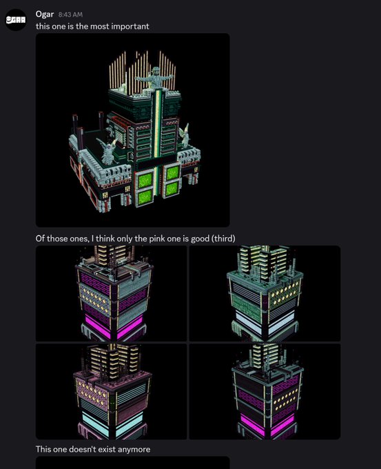 A Discord screenshot showing pixel art building designs in isometric view with the text 'this one is the most important', 'Of those ones, I think only the pink one is good (third)', and 'This one doesn't exist anymore'.