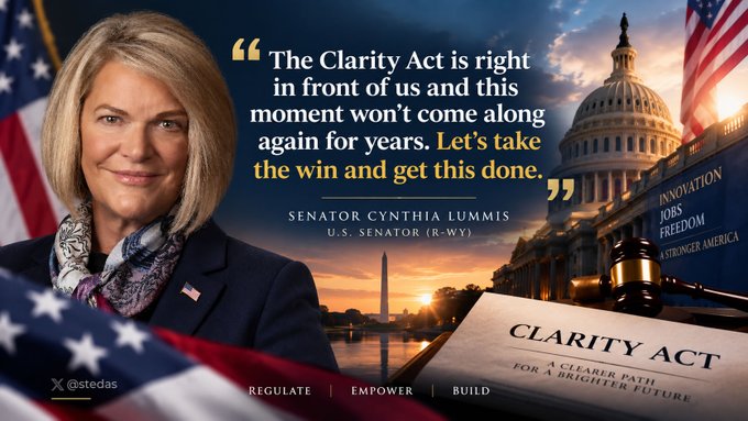 Political promotional graphic featuring Senator Cynthia Lummis (R-WY) with a quote about 'The Clarity Act,' displayed alongside the U.S. Capitol, American flag, and a gavel, with text reading 'Innovation, Jobs, Freedom' and 'A Stronger America.'