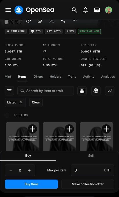 The image shows a phone screen displaying a list of items, including "OpenSea", "Floor Price", "Ethereum", "Floor Price", "Volume", "0.87%", "0.86%", "0.88%", and "0.89%". The post is about the current price of eth coins on OpenSea. The phone screen also shows a Buy Floor Perk button, which allows users to buy items for a certain floor price from the ether exchange.