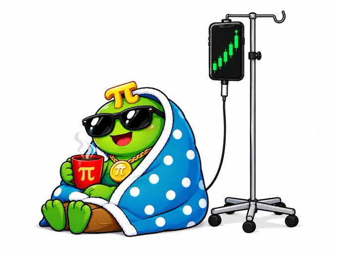 A cartoon illustration of a green Pepe-style frog character wearing sunglasses and a gold π (pi) chain, wrapped in a blue polka-dot blanket while holding a red mug with the π symbol, connected to an IV drip showing a green stock chart on the phone screen.
