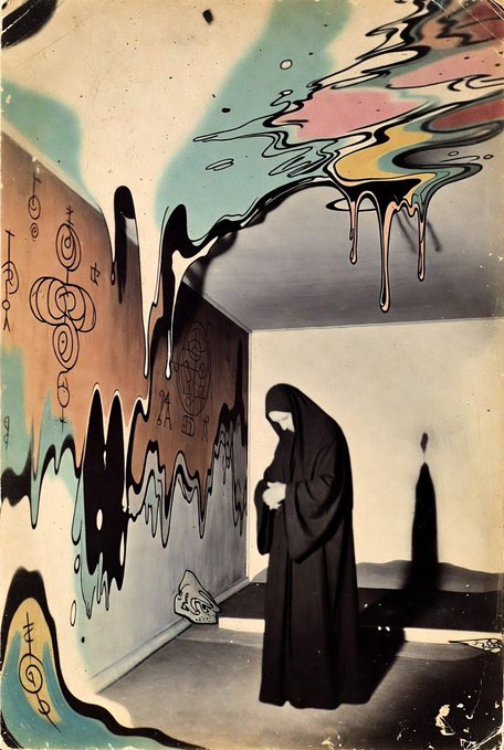The image features a woman wearing a black robe standing in front of a wall with graffiti art, including a large abstract design that appears to be dripping or spraying from the ceiling. The woman's position and the presence of the graffiti create an artistic and intriguing scene.