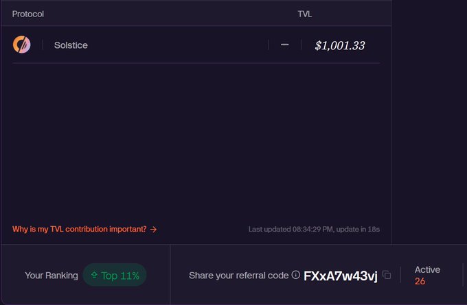 A screenshot showing a 'Solstice' protocol entry with TVL of $1,001.33, ranking 'Top 11%', referral code 'FXxA7w43vj', and 'Active 26'.