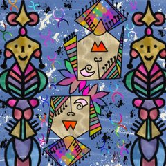 A colorful, abstract folk-art style digital illustration featuring stylized symmetrical figures and faces in vibrant greens, pinks, and yellows on a textured blue background.