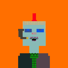 A pixel art robot with a blue square head, blue sunglasses, sharp teeth, and a red mohawk stands against a solid orange background.