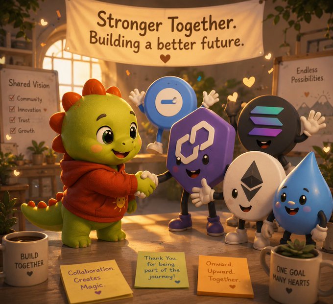 A colorful 3D illustration of cartoon mascots representing Polygon, Base, Solana, and Sui shaking hands under a banner reading 'Stronger Together. Building a better future.'