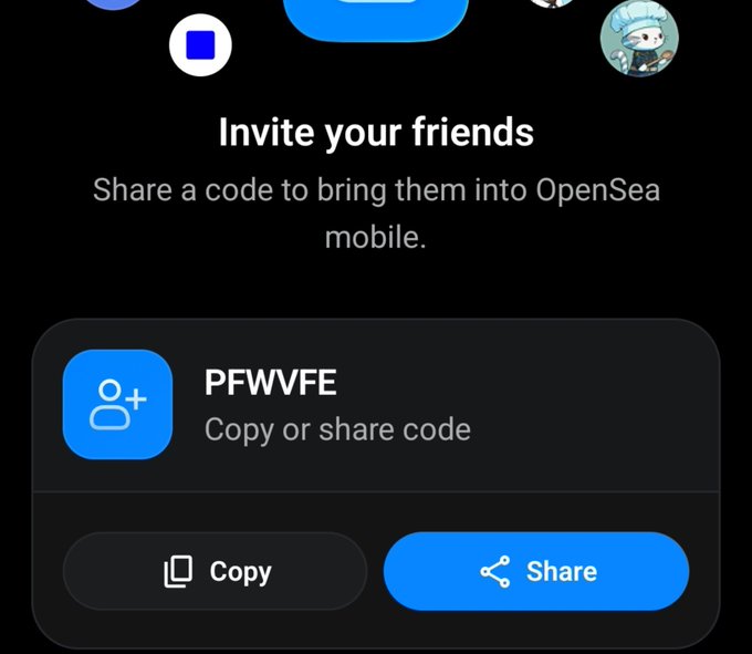 The image shows an OpenSea mobile app referral screen with the code "PFWVFE" displayed, offering Copy and Share options. This directly relates to the post, which shares the user's personal referral code for inviting friends to download the new OpenSea mobile app.