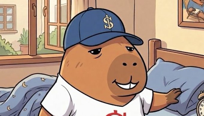 A cartoon capybara wearing a blue baseball cap with a "$" symbol and a white t-shirt smiles on a bed in a cozy bedroom.