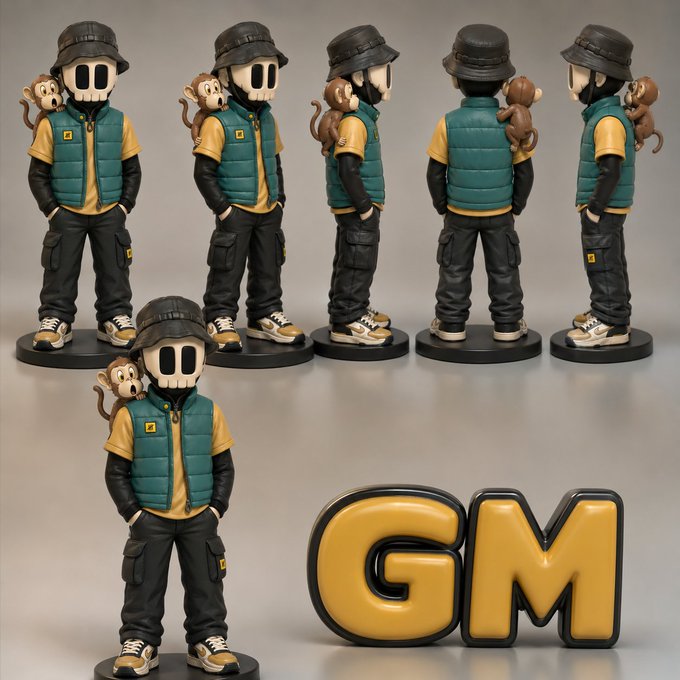 A display of designer toy figurines showing a character in a teal puffer vest, yellow shirt, black cargo pants, bucket hat, and skull mask with a monkey on its shoulder, displayed from multiple angles alongside large 'GM' lettering.