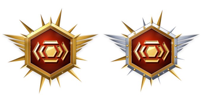 Two ornate hexagonal badges—one golden and one silver, both featuring red centers with code bracket "`< >`" symbols and spiked, winged accents—evoke a sense of elite achievement or rank, fittingly symbolizing the high-value, rarity-like status of the L1 token at discounted ETH ICO-era prices.