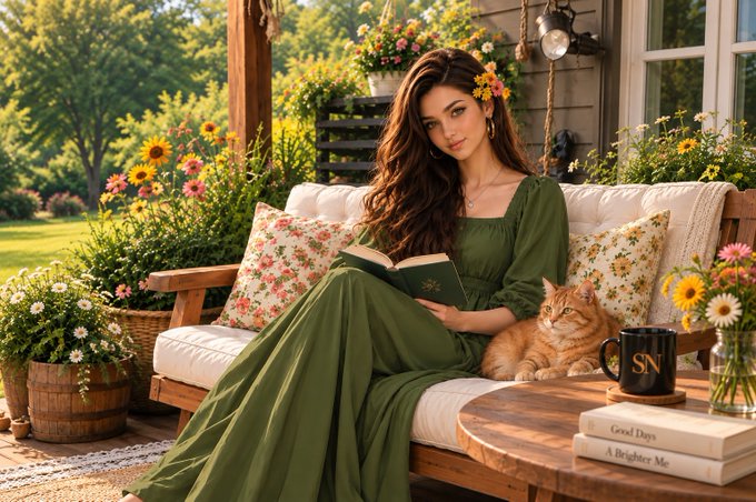 An AI-generated illustration of a woman in a green dress reading a book on a porch swing with an orange cat beside her, surrounded by flowers and books titled 'Good Days' and 'A Brighter Me.'