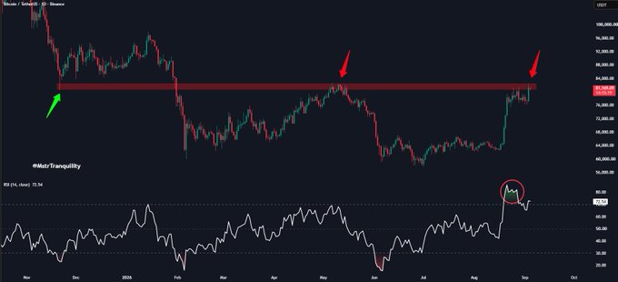 A Bitcoin/Tether (USDT) candlestick chart on TradingView shows BTC price returning to the 81,000 resistance level (highlighted with red arrows and a horizontal zone), with the RSI indicator at the bottom displaying a reading of 73.56 above the 70 overbought threshold, marked with a red circle to emphasize the warning signal that previously preceded a sharp decline from 81K to 60K.