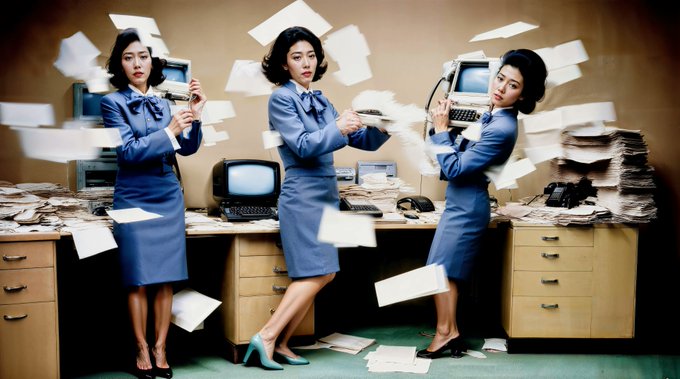 The image features three women dressed in blue office attire standing around a desk filled with papers and computer equipment. The woman on the left has her hair in a bun, while the other two women have their hair styled differently. They are all holding paper or using computers, suggesting that they might be working together on a project or handling some paperwork.