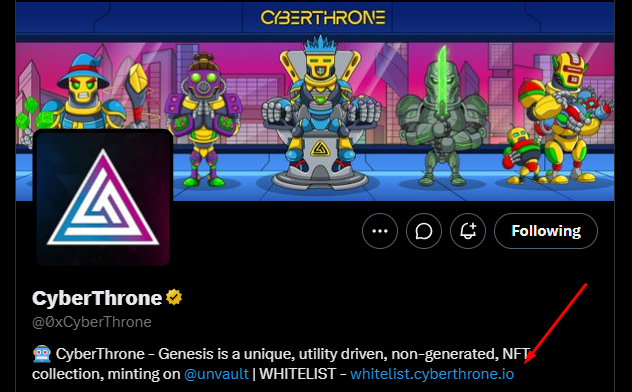 A Twitter/X profile for CyberThrone (@0xCyberThrone) showing cyberpunk-style robot characters and promoting an NFT collection called 'CyberThrone – Genesis' minting on @unvault.