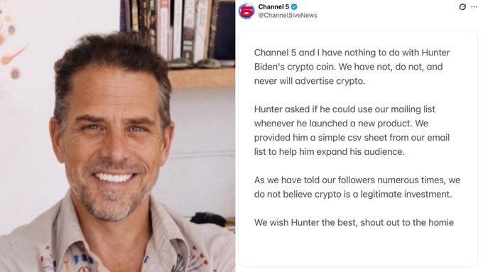 The image shows a tweet from Channel 5 (@Channel5iveNews) next to a photo of a smiling man with dark hair, where the channel distances itself from Hunter Biden's crypto coin, stating they have not and will never advertise crypto, but did provide him with a CSV sheet from their email mailing list upon his request.