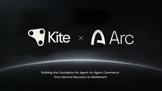 A promotional graphic showing the logos 'Kite' and 'Arc' separated by an 'x' against a dark cosmic background, with the tagline 'Building the Foundation for Agent-to-Agent Commerce from Service Discovery to Settlement'.