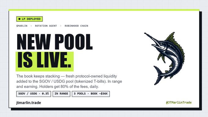 A promotional graphic reading 'NEW POOL IS LIVE' for $MARLIN, with details about SGOV/USDG pool with 0.3% fees and '3 POOLS · BOOK ~$36K,' featuring a marlin fish illustration, by jtmarlin.trade.