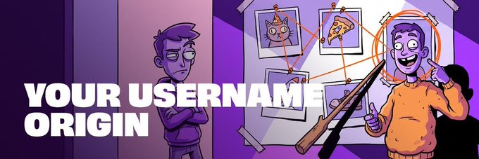 A purple-themed YouTube thumbnail titled 'YOUR USERNAME ORIGIN' showing a cartoon detective character on the left and a smiling man on the right standing next to a conspiracy board with a cat, pizza, and a stick figure.