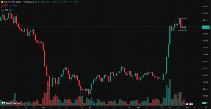 A TradingView candlestick chart showing Bitcoin/U.S. Dollar price action (around $79,331) with a sharp recent upward trend, displayed on a daily timeframe.