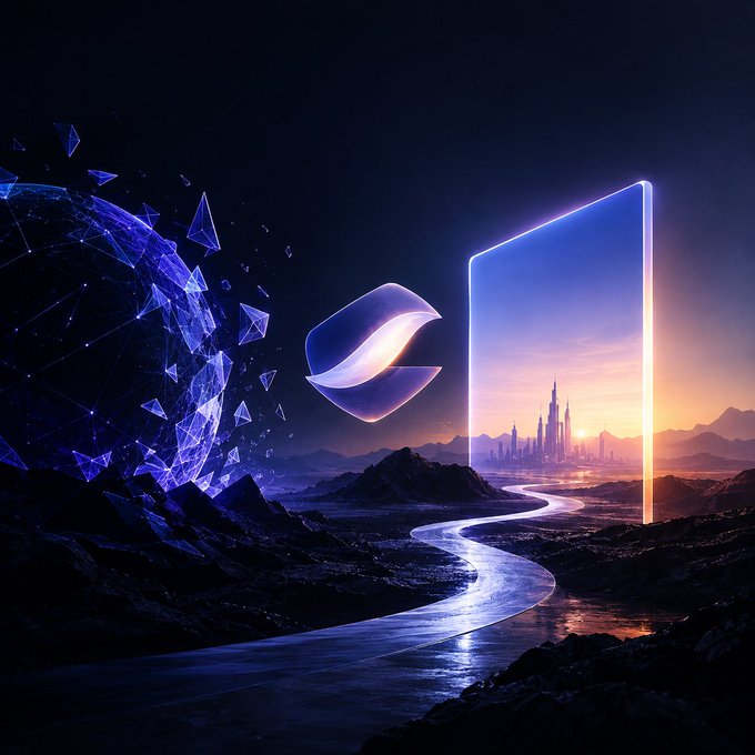 A futuristic digital landscape shows a glowing blue portal revealing a distant cityscape, alongside a fragmenting polygeral sphere and a stylized "S" emblem—visually representing Starknet's evolution and transition from Ethereum L2 toward greater cryptographic independence.