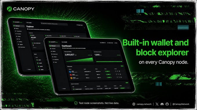 An advertisement for Canopy Network showing tablet screens with the text 'Built-in wallet and block explorer on every Canopy node.'