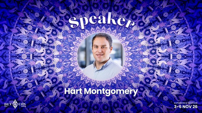 A promotional graphic for Devcon SEA featuring speaker Hart Montgomery, CTO of the Linux Foundation, against an ornate blue mandala background. The event runs 3-6 November 2026, with text noting "Experience DEVCON" and "Speaker" prominently displayed above his portrait.