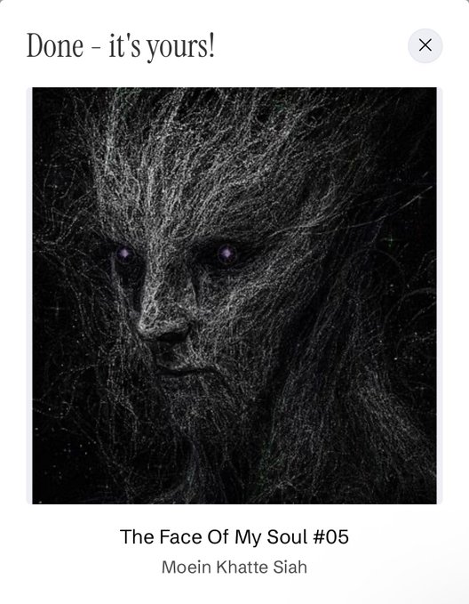 A digital art piece titled 'The Face Of My Soul #05' by Moein Khatte Siah, showing a haunting face composed of white scratches on a black background with purple eyes, displayed in a 'Done - it's yours!' confirmation screen.